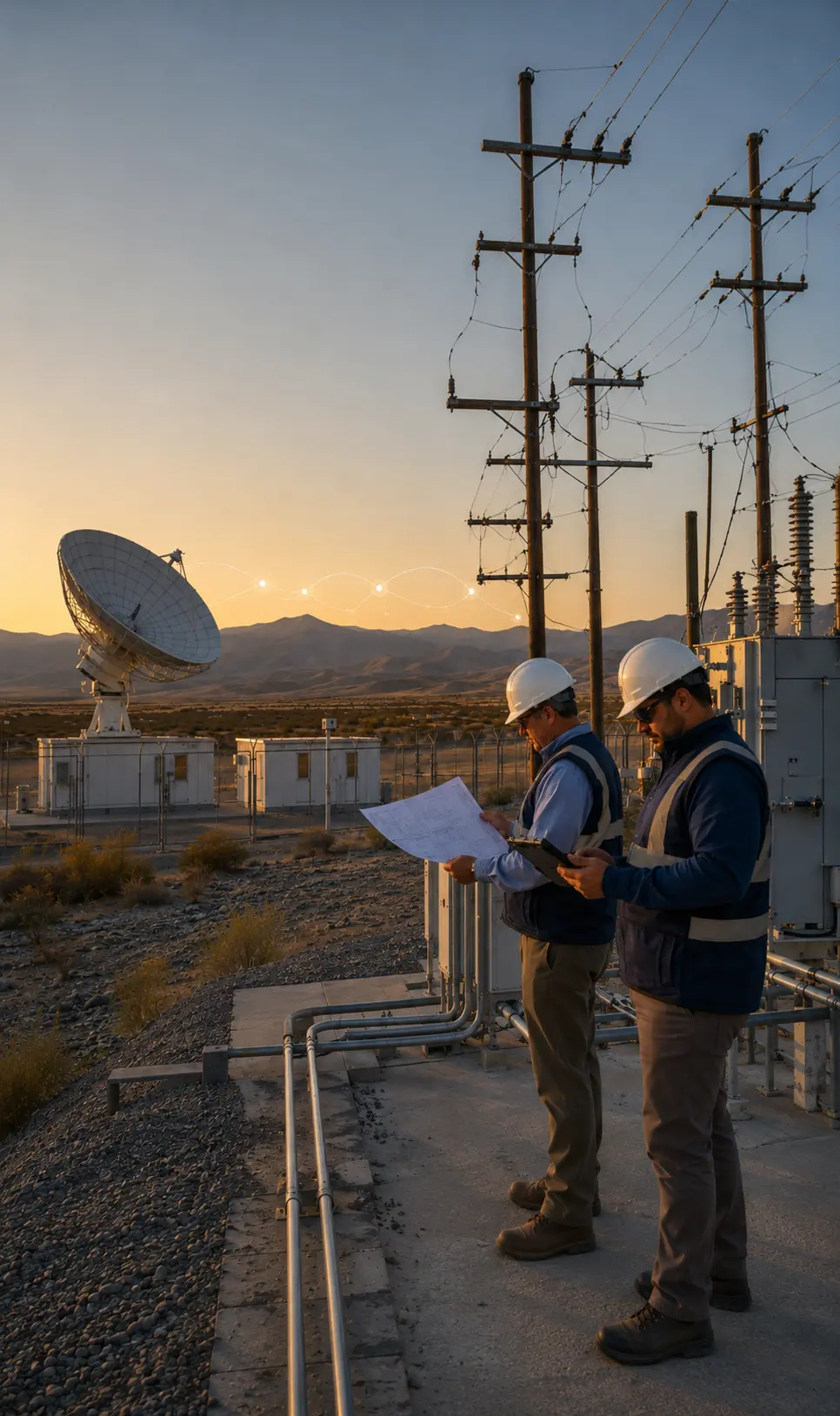 ARUSI engineers reviewing utility interconnection plans at a telecom ground station in Mexico