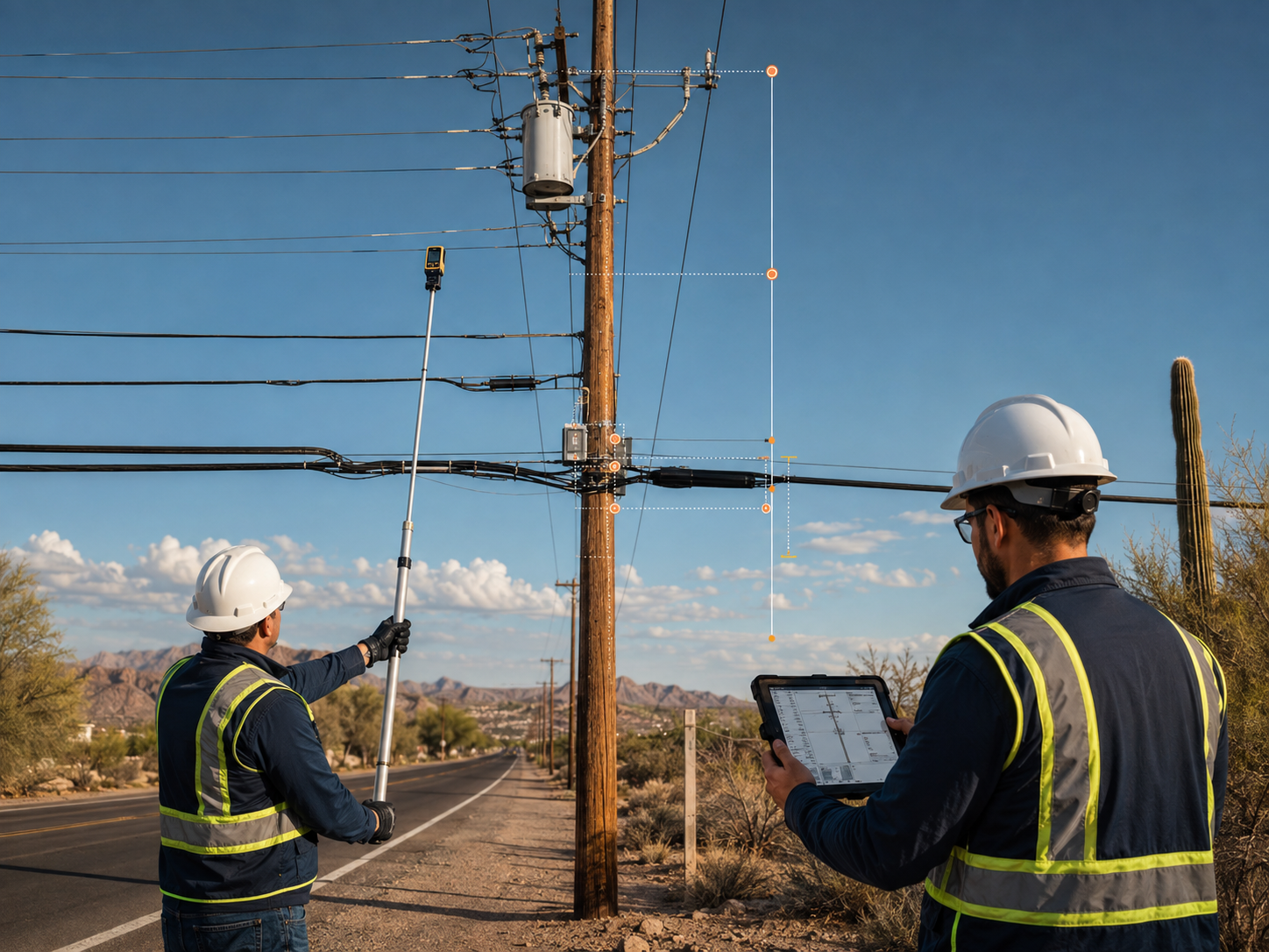 ARUSI engineers measuring utility-pole clearances for an aerial fiber attachment design