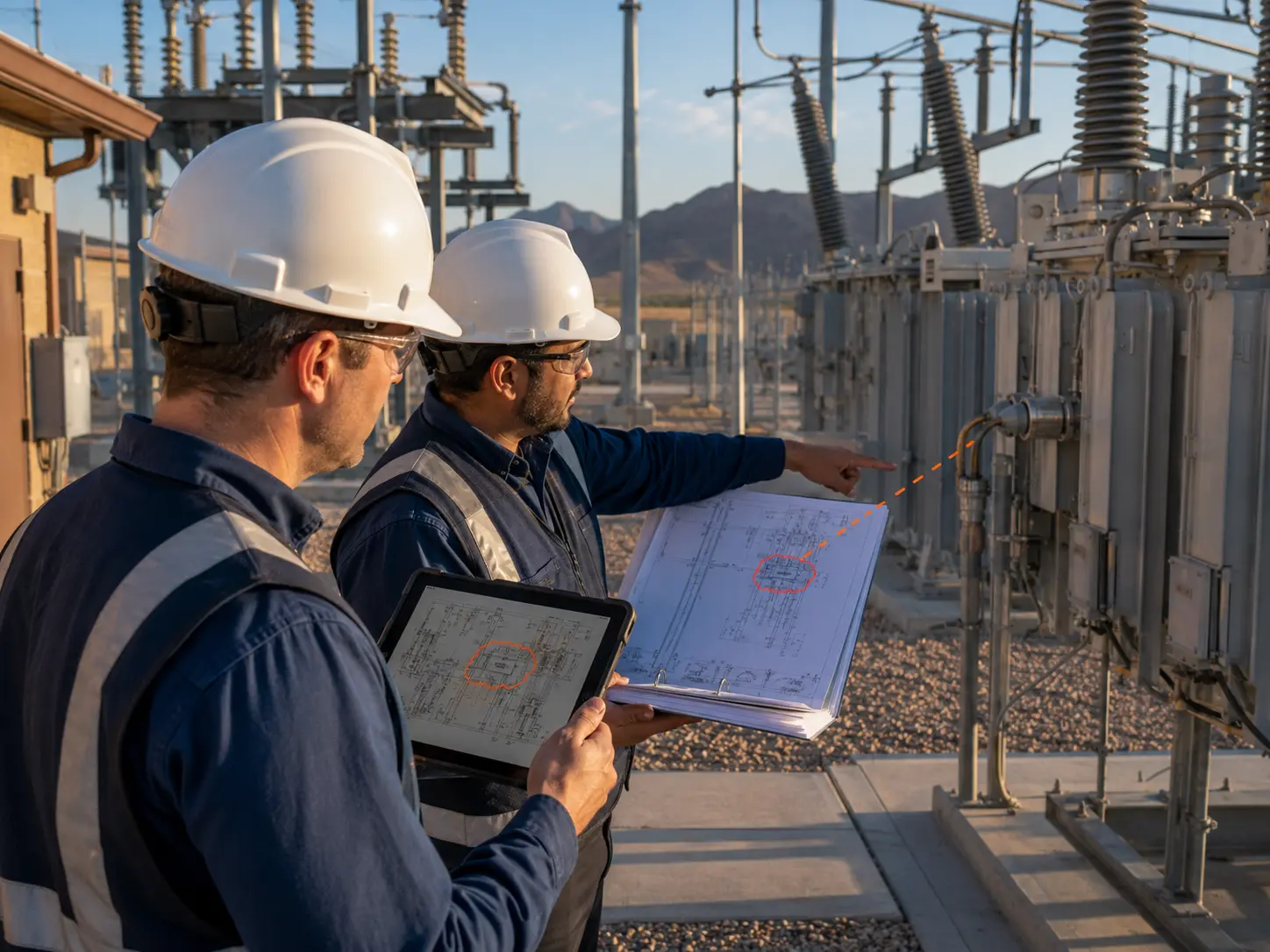 ARUSI engineers verifying substation drawings against installed equipment before commissioning