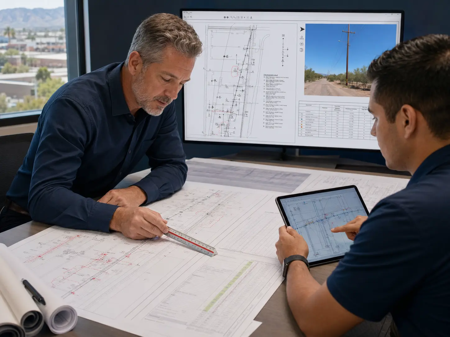 ARUSI engineers performing quality review of electrical utility design drawings